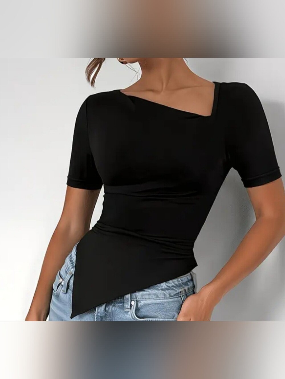 Black Asymmetric Square-Neck Women's Top